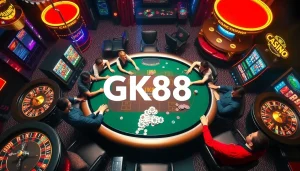 Exciting gambling scene featuring players at a poker table and vibrant GK88 elements.