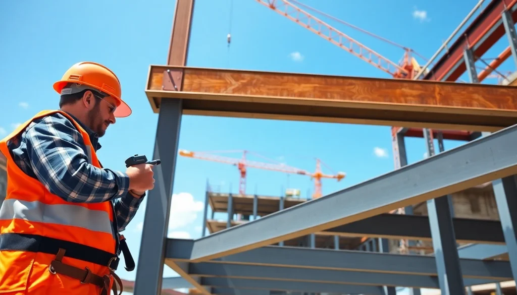 Workers performing structural steel installation at a construction site, demonstrating safety and efficiency.
