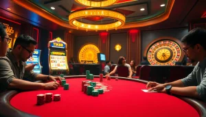 TK88 players engaging in a high-stakes poker game at a luxurious casino table.