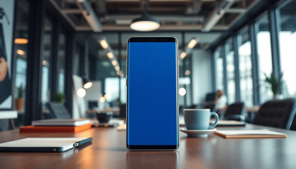 The Samsung Galaxy S8 showcased in a stylish office setting highlights its elegant design and advanced features.