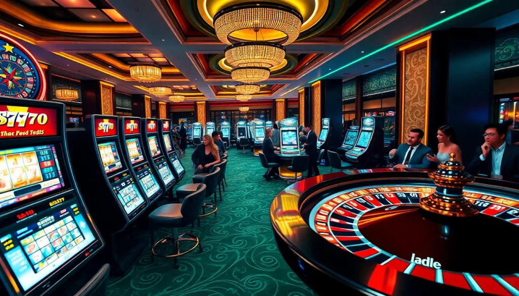 Excited players enjoying the thrilling idn slot 777 games at a luxurious casino.