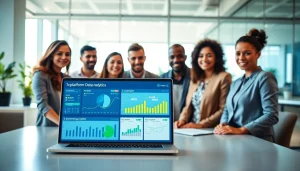 Team collaborating on the 1cplatform analytics dashboard in a modern office setting.