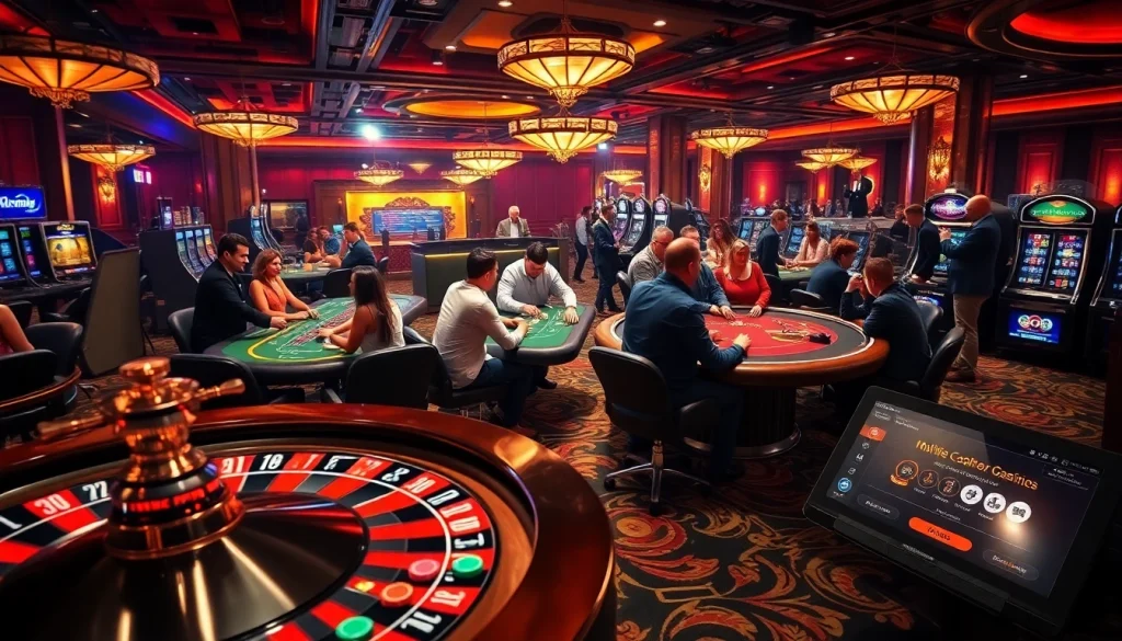 Players enjoying games at a vibrant nk88 casino with roulette and poker tables.