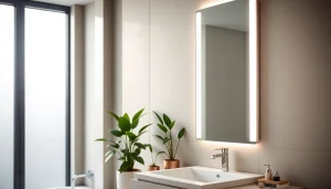 Transform your space with an elegant bathroom mirror featuring sleek lines and soothing lighting.