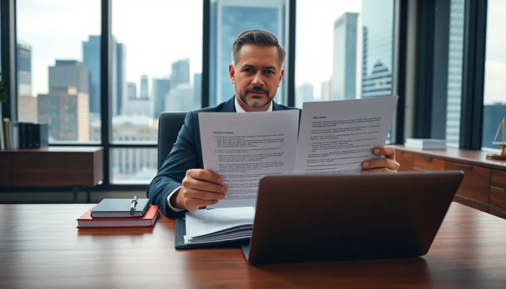 Eminent domain lawyer discussing important case details in a modern office setting.