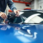 Applying paint protection film near me on a sports car in a bright workshop.