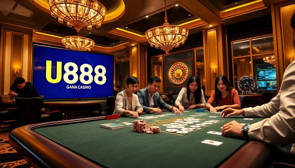 Engaged players at U888 poker table, showcasing an exciting casino atmosphere.