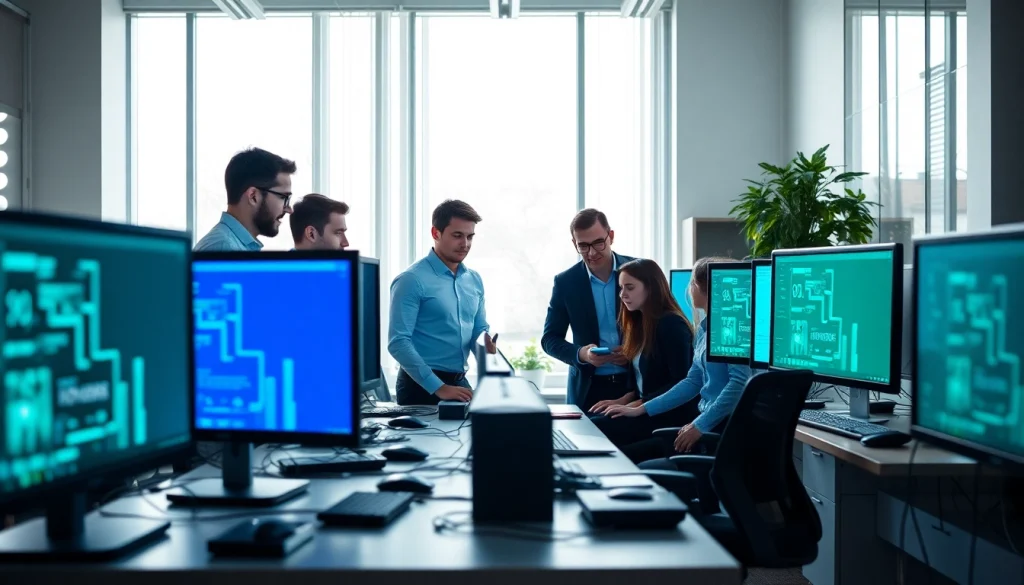 zirvegrupbilgisayar ekibi modern ofiste teknolojik aletlerle çalışıyor.