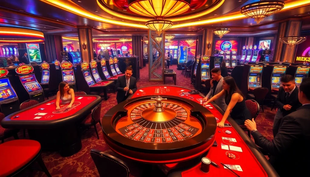 Experience thrilling betting at MK8's luxurious casino atmosphere featuring vibrant tables and slot machines.