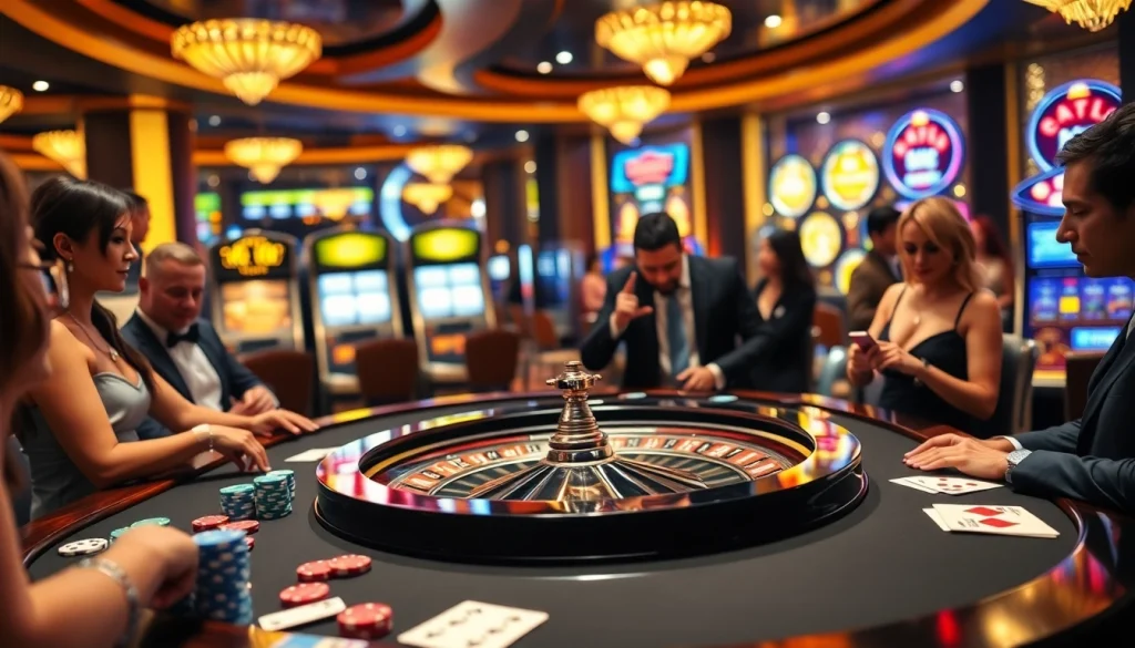 Players enjoying NK88 at an upscale casino with poker chips and roulette table.