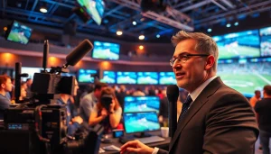 Engaging sports broadcasting scene with broadcaster and high-tech equipment.