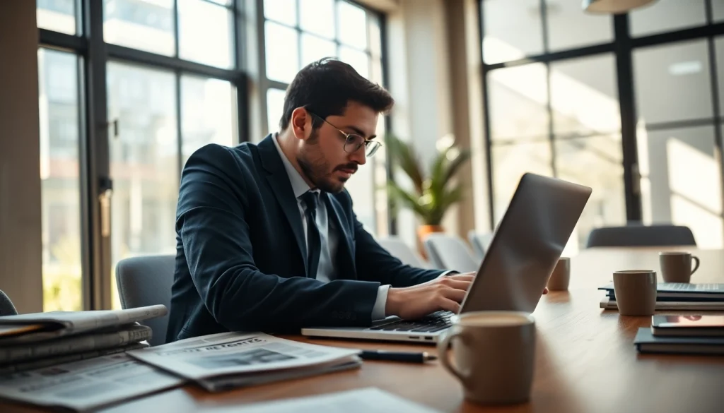 Journalist working intently at the Tampa Free Press office, surrounded by newspapers and coffee.