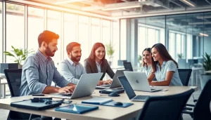 Showcases a diverse team of IT specialists collaborating with technology as a managed it provider.