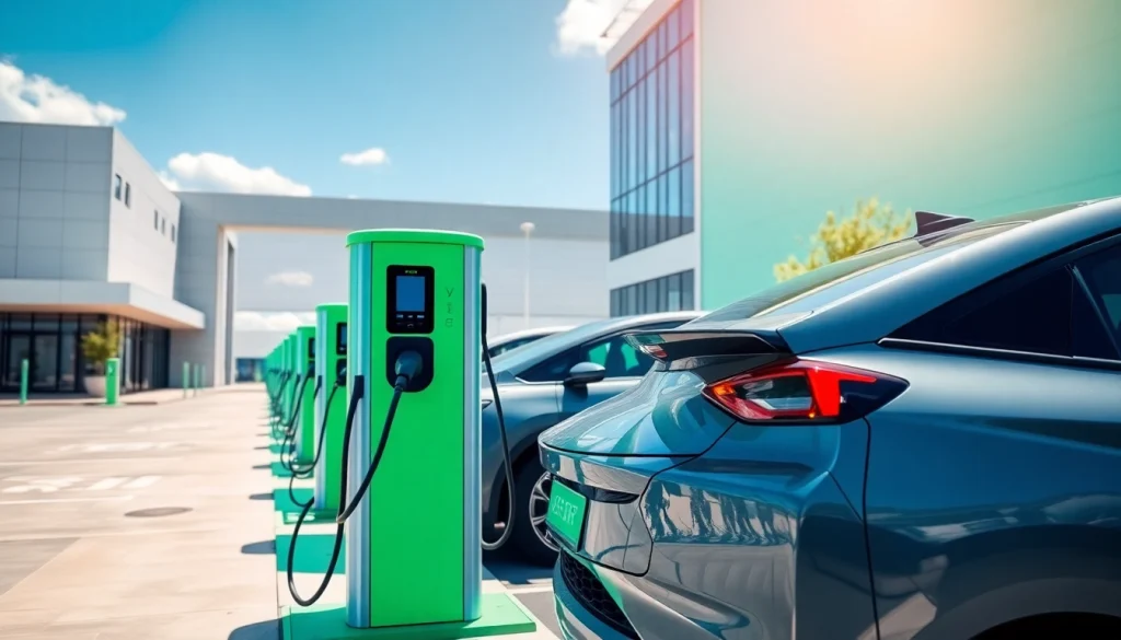 EV charging station contractors installing modern electric vehicle charging stations at a commercial site.