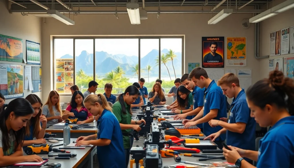 Engaged students at trade schools in Hawaii learning hands-on skills in a bright classroom setting.
