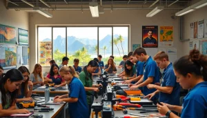 Engaged students at trade schools in Hawaii learning hands-on skills in a bright classroom setting.