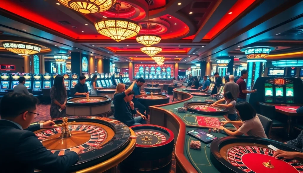 Engaging scene featuring gamblers using Tool xổ số siêu tốc in a vibrant casino atmosphere with roulette tables and digital displays.