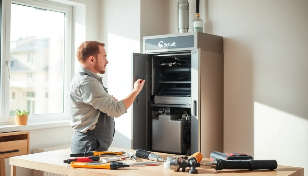 Technician performing heating repair goldens bridge in a bright residential environment.