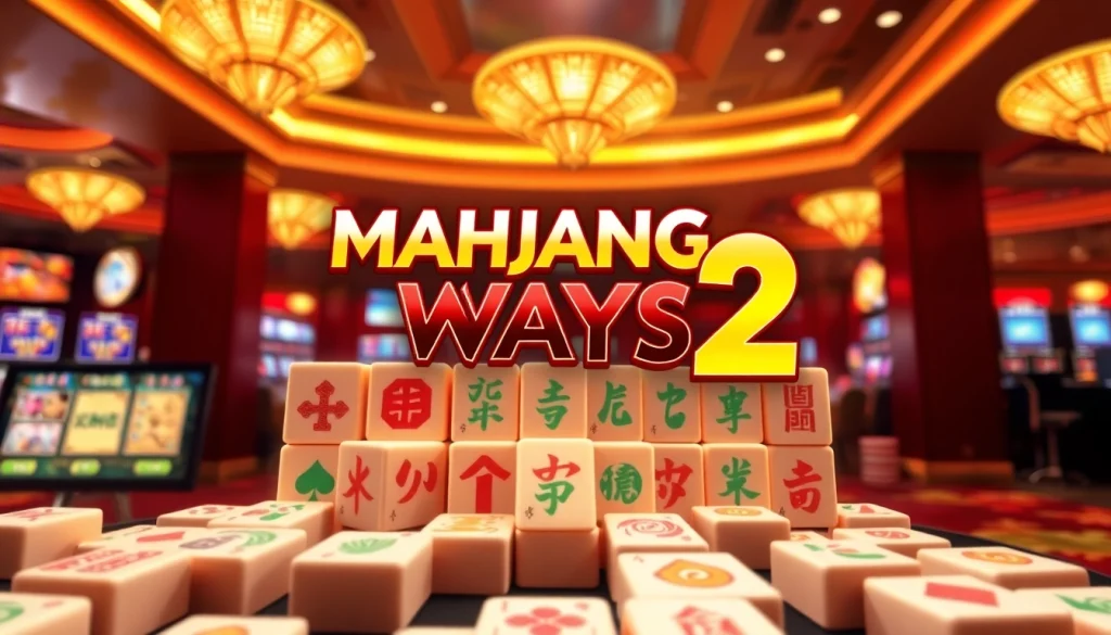 Menggambarkan permainan mahjong ways 2 dengan simbol yang cerah dan latar belakang kasino yang ramai.