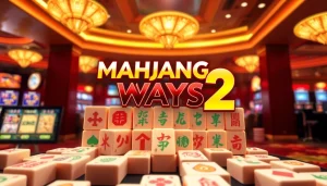 Menggambarkan permainan mahjong ways 2 dengan simbol yang cerah dan latar belakang kasino yang ramai.