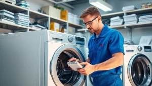 Technician performing appliance repair ottawa in a bright workshop with tools and parts.
