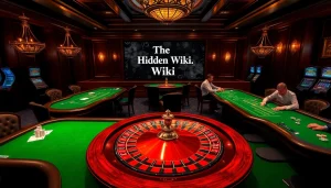 The hidden wiki showcases a luxurious casino setting with a roulette wheel and poker tables for an engaging gaming experience.