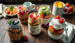 Explore vibrant mason jar breakfast recipes at https://masonjarbreakfast.com with colorful fruits and layers.