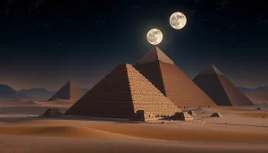 Pyraminds at night under a starry sky, showcasing ancient Egyptian architecture.