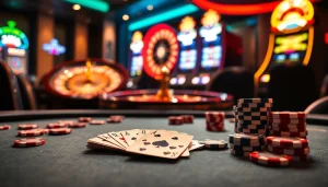 Experience NK88 top gaming thrills at this luxurious casino scene featuring poker chips and vibrant slot machines.
