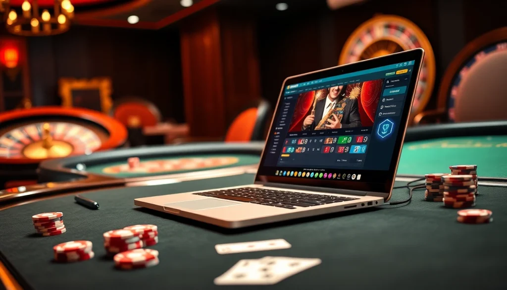 Sbobet online gaming interface displayed on a laptop at a luxury casino table with poker chips.