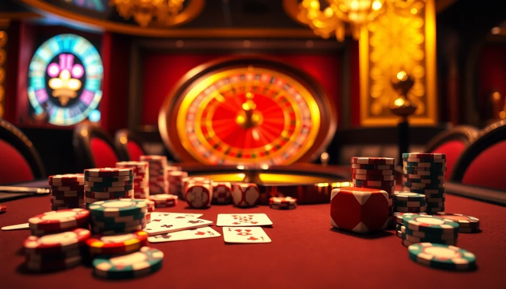 Players enjoying a thrilling game of 68 game bài at a luxurious casino table with chips and cards.