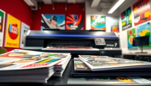 Showcasing budget printing materials in a vibrant printing studio with colorful brochures and posters.