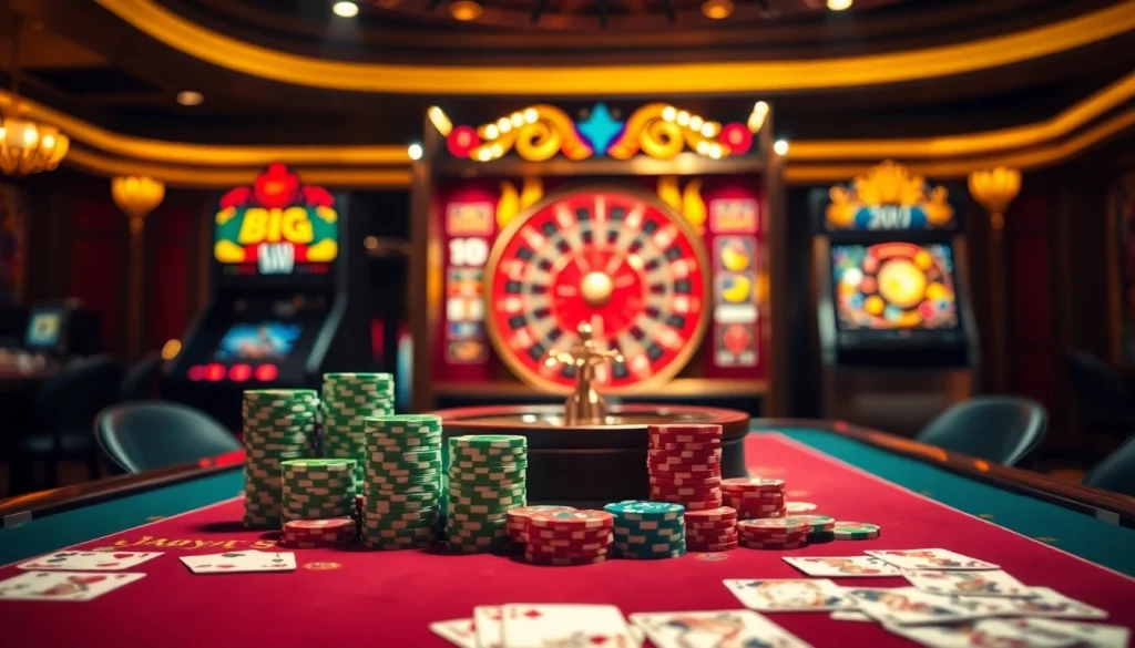 Experience the thrill of winning at Link Haywin with a vibrant casino scene showcasing poker tables and slot machines.