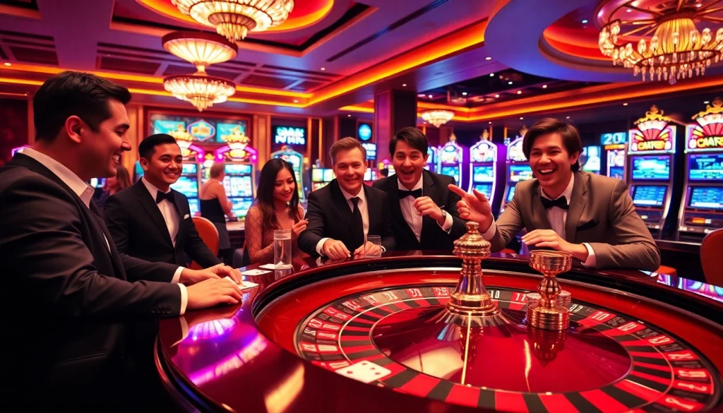 Experience the excitement of NK88 at a glamorous casino with players enjoying roulette and vibrant slot machines.