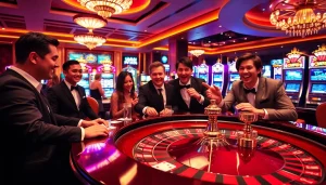 Experience the excitement of NK88 at a glamorous casino with players enjoying roulette and vibrant slot machines.