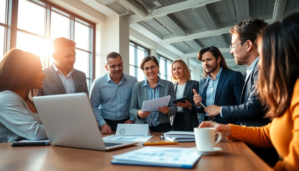 Team discussing strategies to hire commission sales reps in a bright office setting.