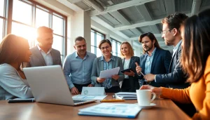 Team discussing strategies to hire commission sales reps in a bright office setting.