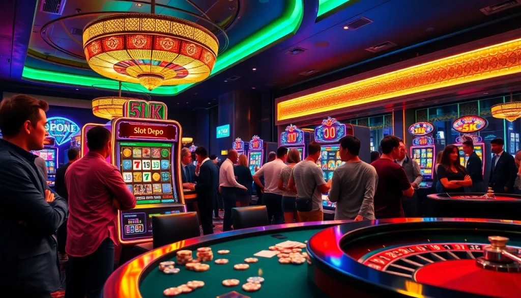 Pemain yang terlibat menikmati mesin slot Depo 5K yang dinamis di tengah atmosfer kasino mewah.