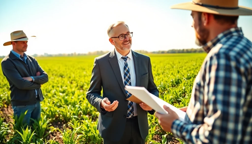 Consultation on agriculture law, a lawyer advising farmers in a vibrant field setting