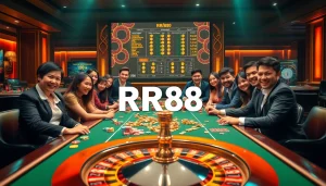 Experience the excitement of RR88 with vibrant casino tables and enthusiastic players at a poker game.