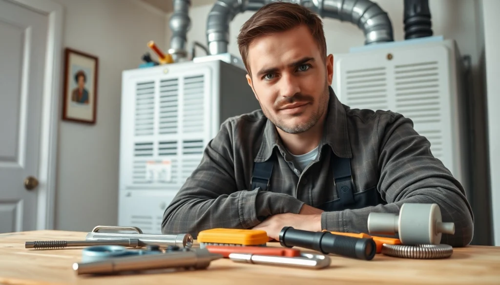 Gas furnace repair south salem technician repairing a furnace in a cozy setting.