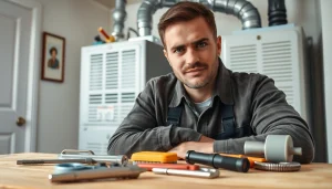 Gas furnace repair south salem technician repairing a furnace in a cozy setting.