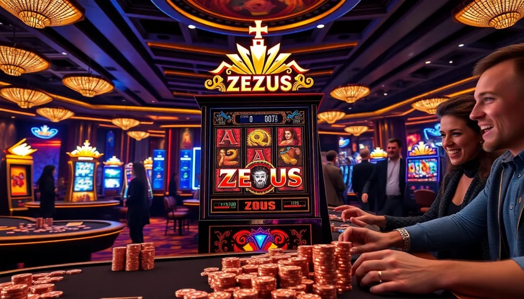 Experience thrilling action at the Slot Zeus machine in a vibrant casino setting.
