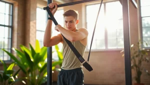 Young athlete using a pull-up assist band for an effective workout in a bright gym setting.