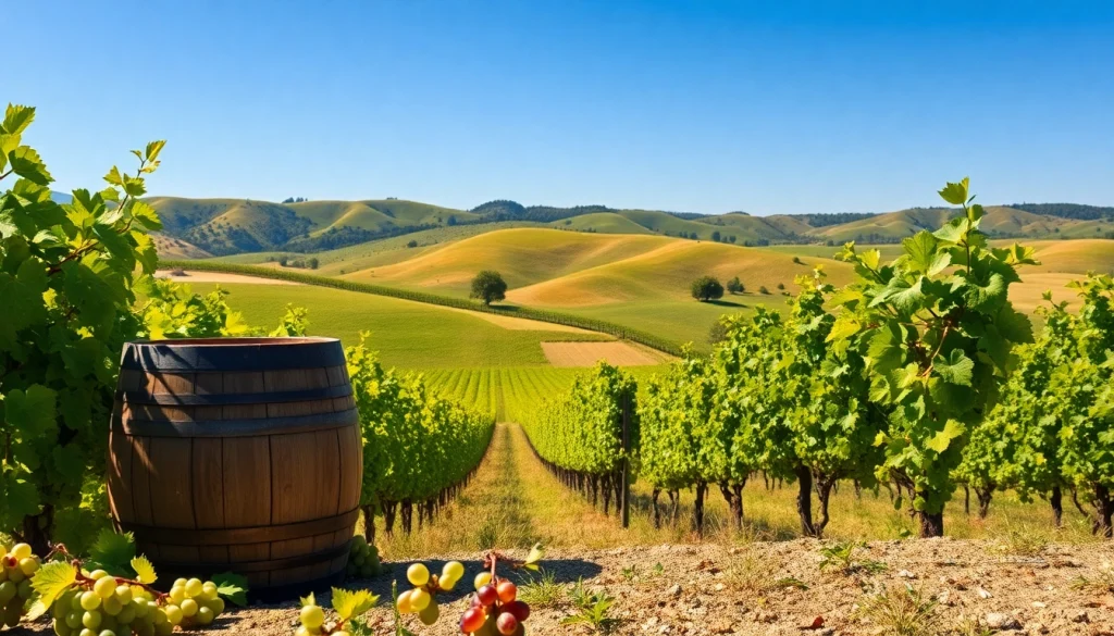 Carksburg CA vineyard landscape showcasing grape vines, barrels, and rolling hills.