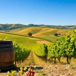 Carksburg CA vineyard landscape showcasing grape vines, barrels, and rolling hills.