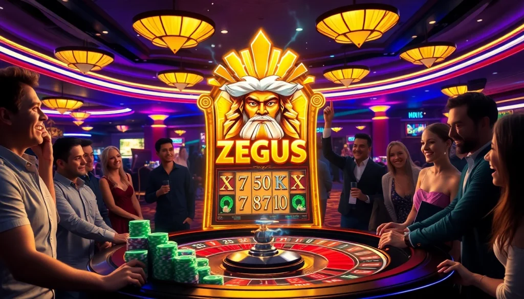 Pemain memutar gulungan mesin Slot Zeus dalam suasana kasino yang hidup, merayakan kemenangan.
