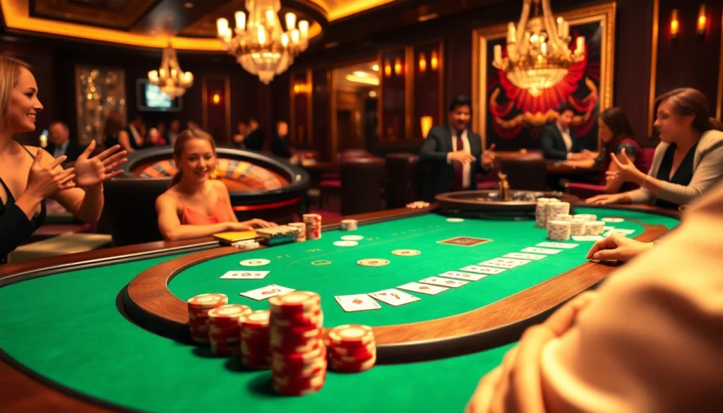 Engaging players at a GO8-themed poker table in an opulent casino setting.
