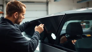 Install window tint Chattanooga with a professional technician working on a vehicle.
