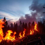 Dramatic scene depicting Wildfire events with flames and smoke consuming a forest.